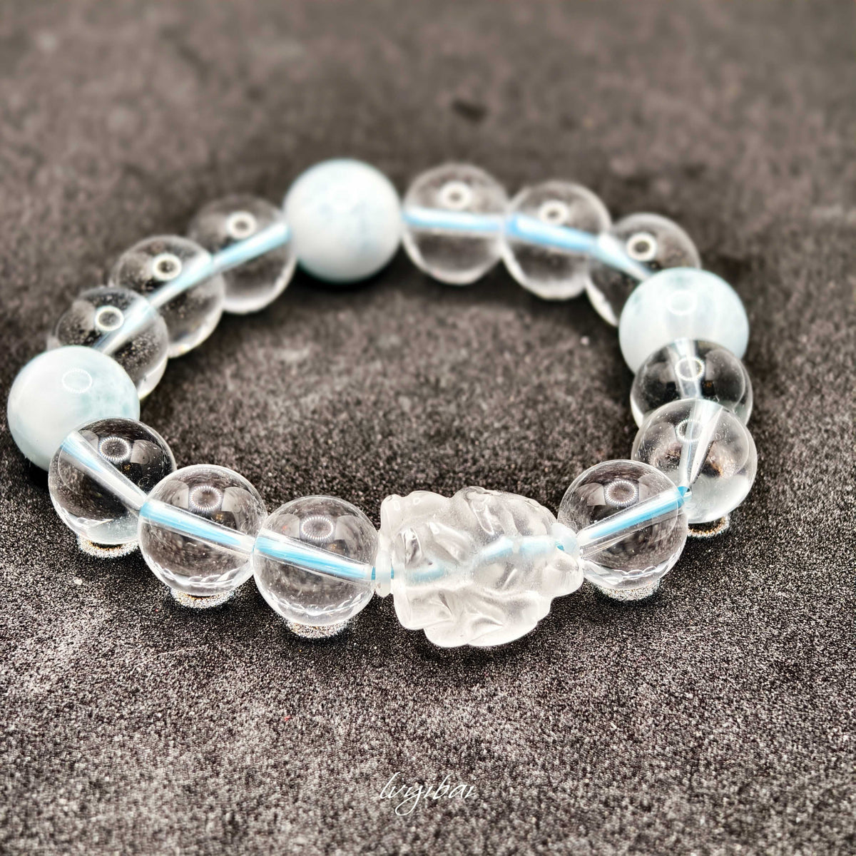 Natural Clear Quartz & Larimar Beaded Bracelet – Carved Fox Charm (13mm)