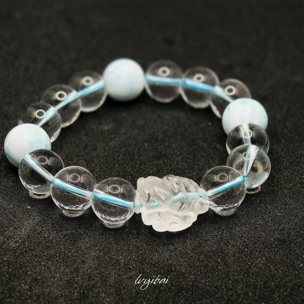 Natural Clear Quartz & Larimar Beaded Bracelet – Carved Fox Charm (13mm)