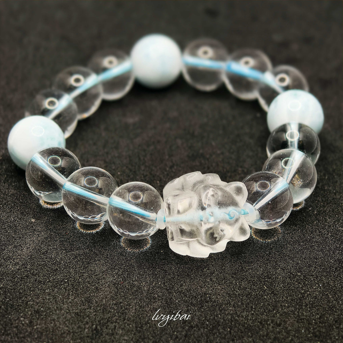 Natural Clear Quartz & Larimar Beaded Bracelet – Carved Fox Charm (13mm)