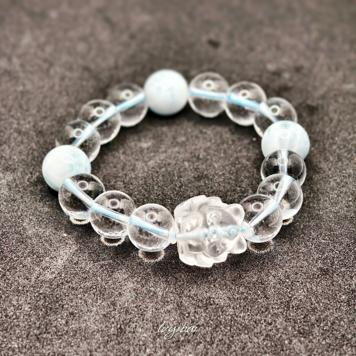 Natural Clear Quartz & Larimar Beaded Bracelet – Carved Fox Charm (13mm)
