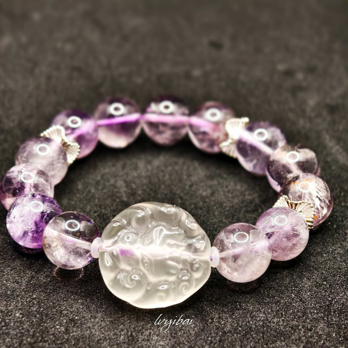 Natural Amethyst Azeztulite Bracelet with Carved Citrine Fox (12mm)