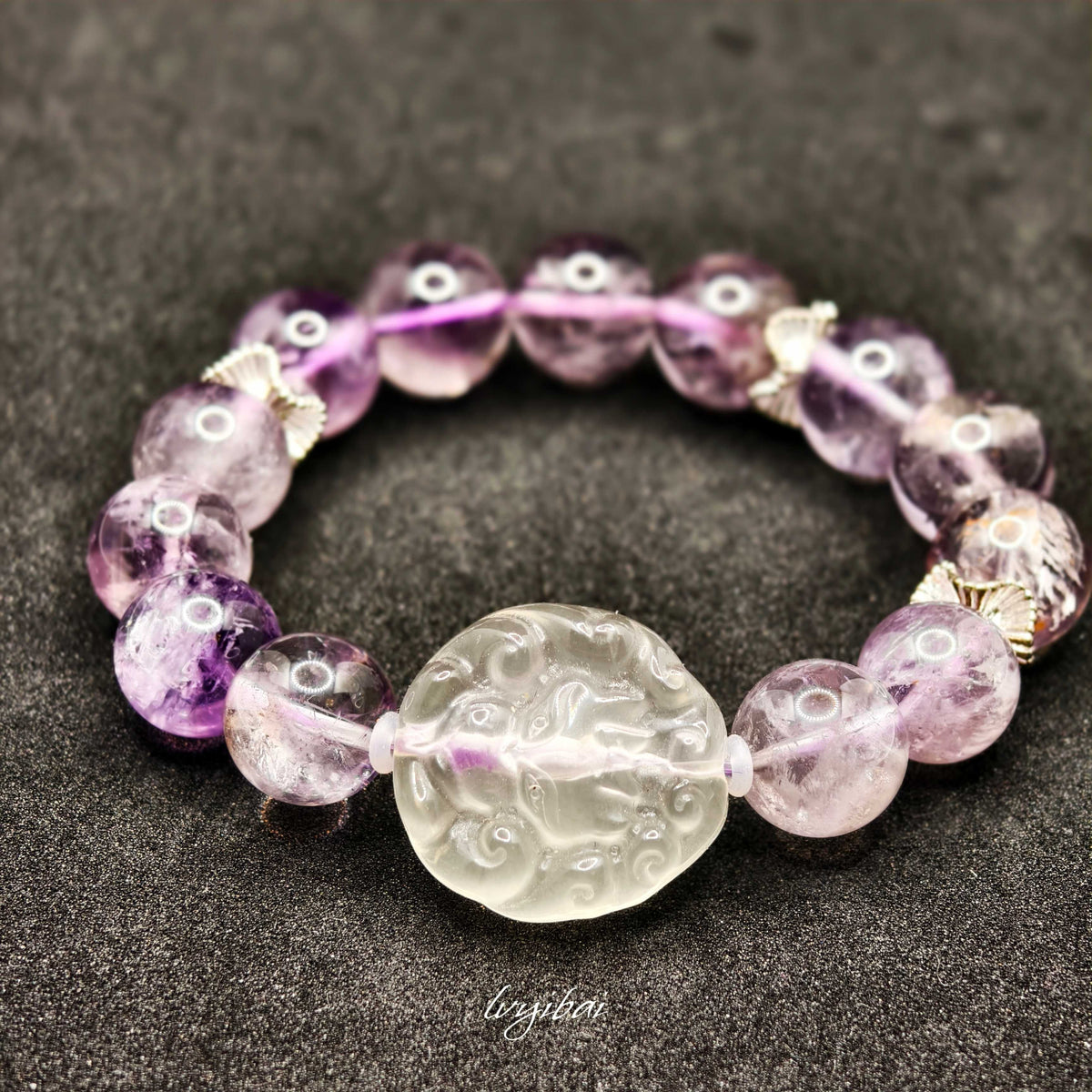 Natural Amethyst Azeztulite Bracelet with Carved Citrine Fox (12mm)