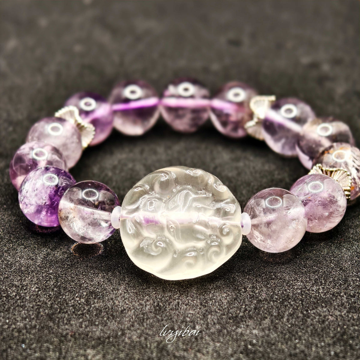 Natural Amethyst Azeztulite Bracelet with Carved Citrine Fox (12mm)