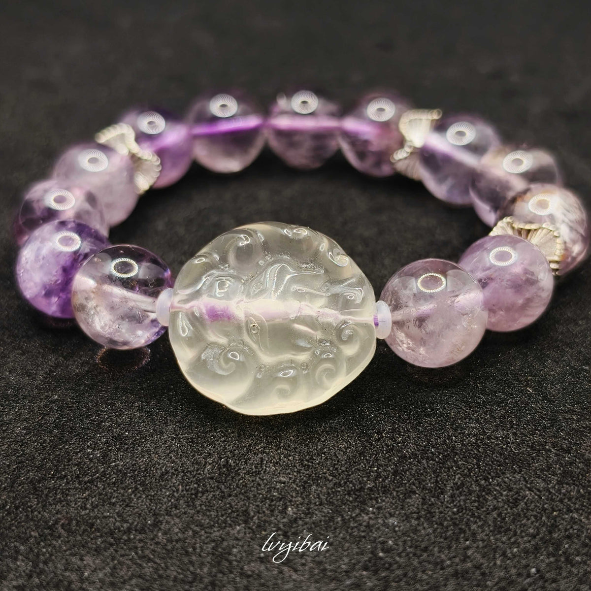 Natural Amethyst Azeztulite Bracelet with Carved Citrine Fox (12mm)