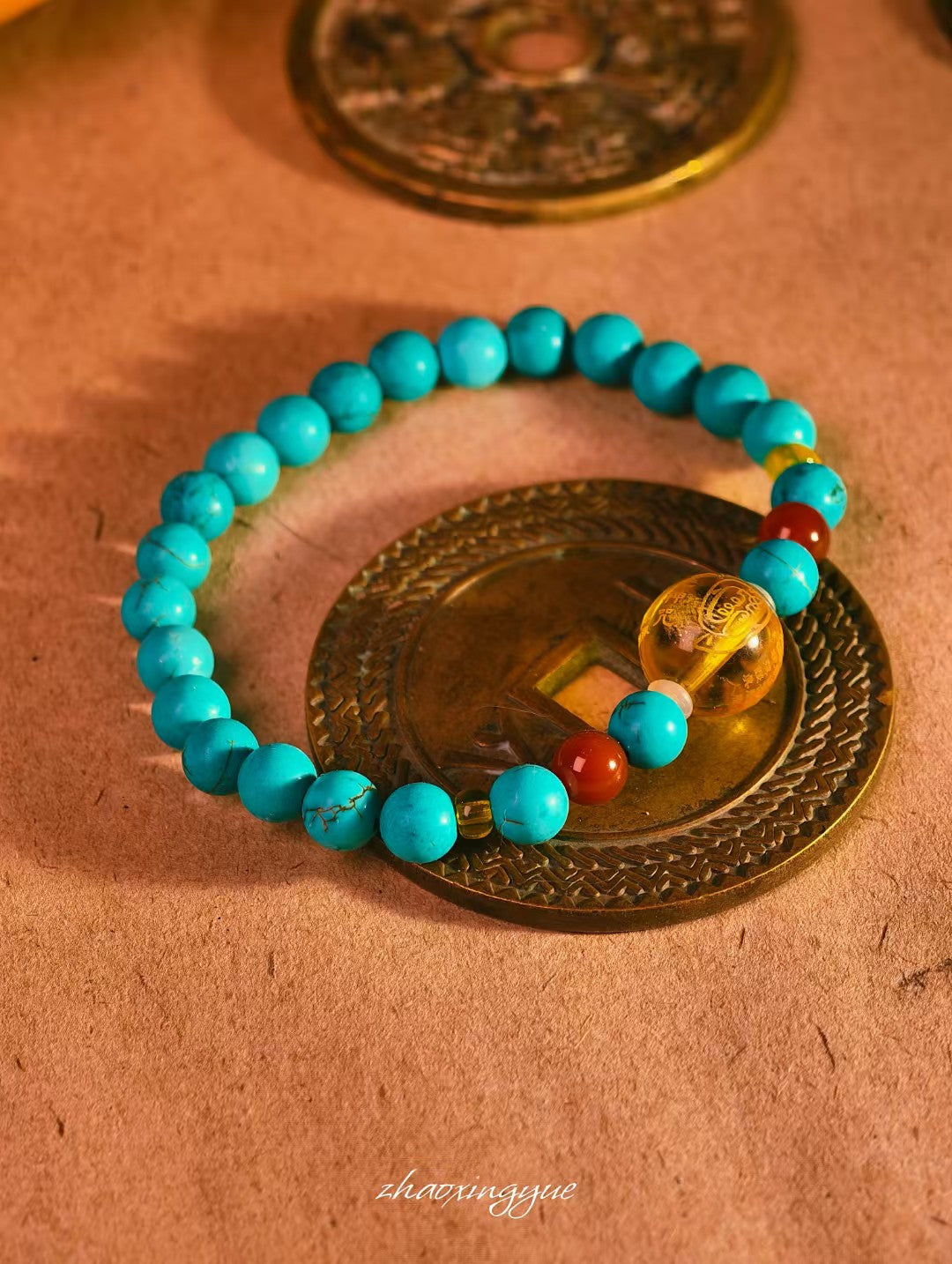Natural Turquoise Protection Bracelet with Golden Talisman Bead (7mm)