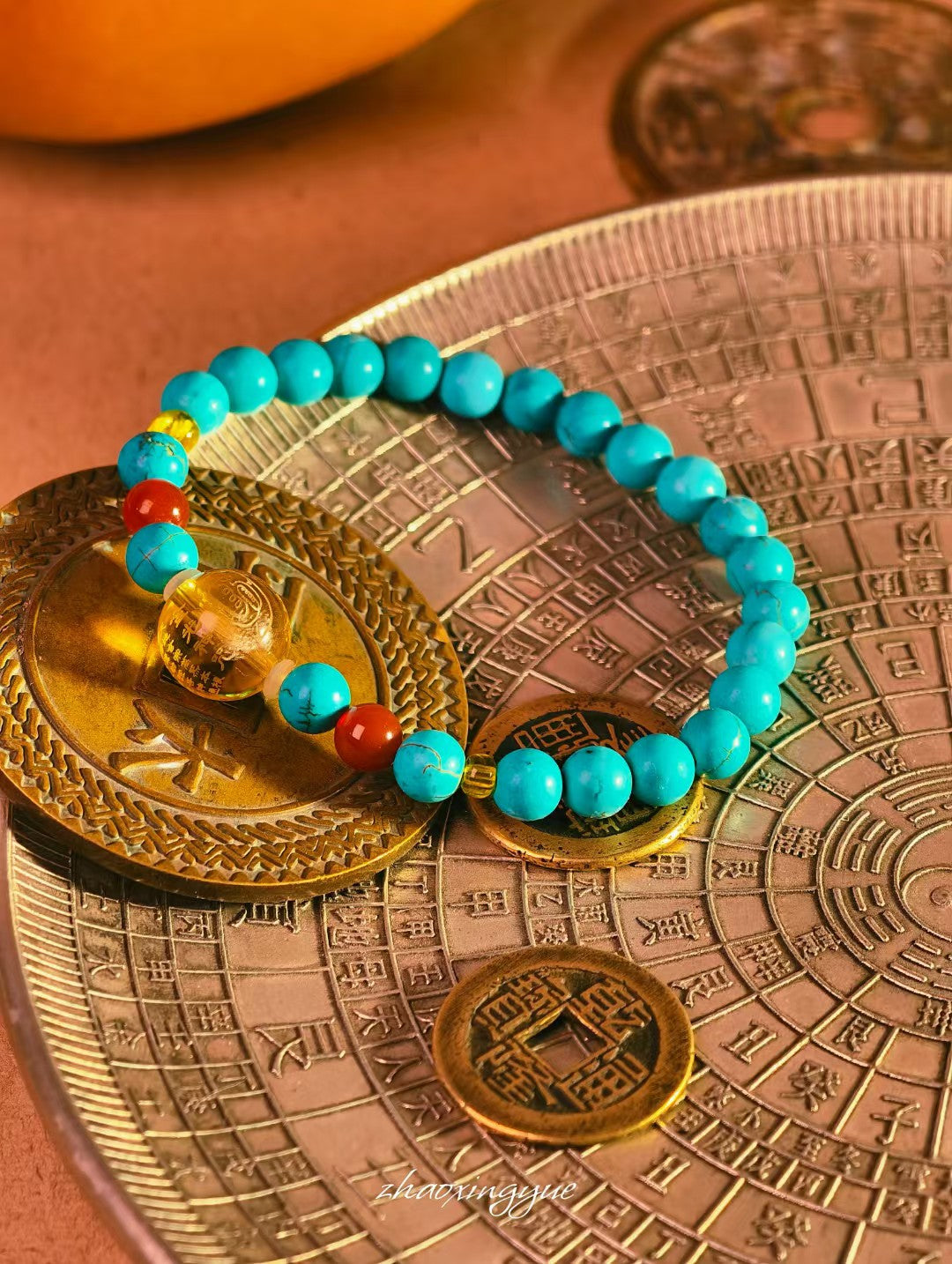 Natural Turquoise Protection Bracelet with Golden Talisman Bead (7mm)
