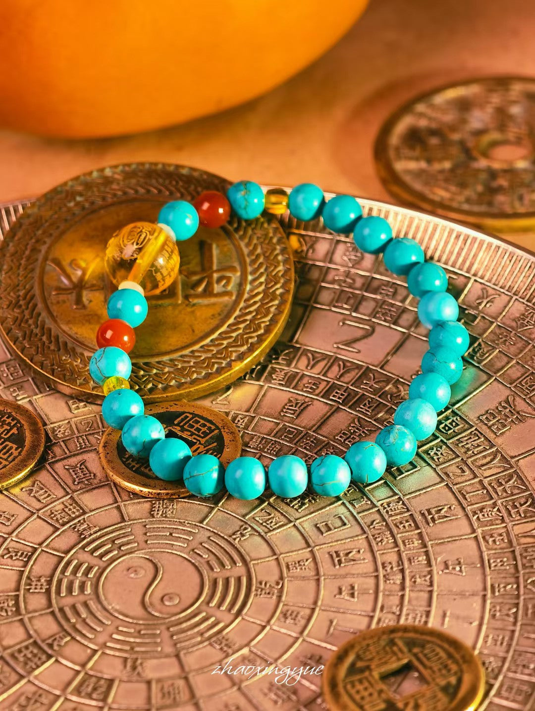 Natural Turquoise Protection Bracelet with Golden Talisman Bead (7mm)