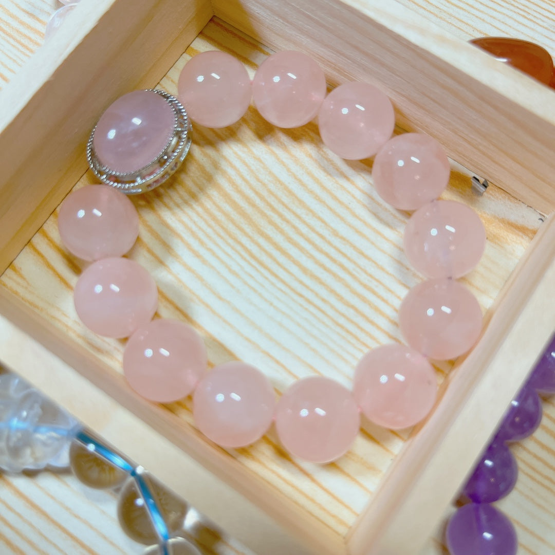 Natural Madagascar Rose Quartz Bracelet with Bezel Charm (14mm)