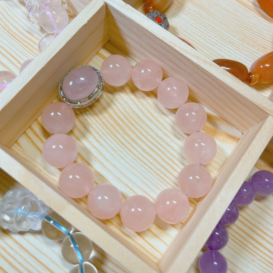 Natural Madagascar Rose Quartz Bracelet with Bezel Charm (14mm)