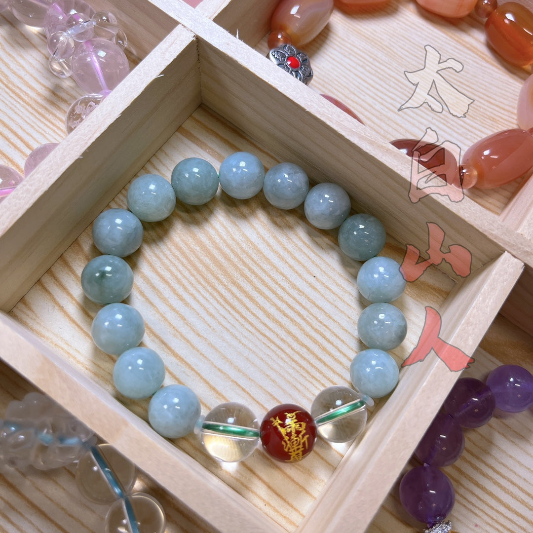 Natural Jadeite Jade Bracelet with Sacred Taoist Talisman Bead (12mm)