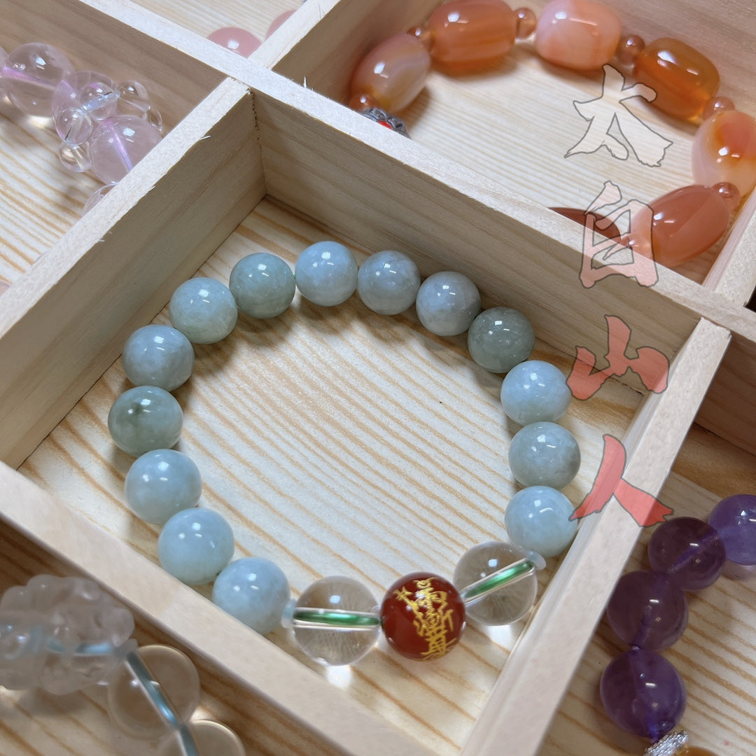 Natural Jadeite Jade Bracelet with Sacred Taoist Talisman Bead (12mm)