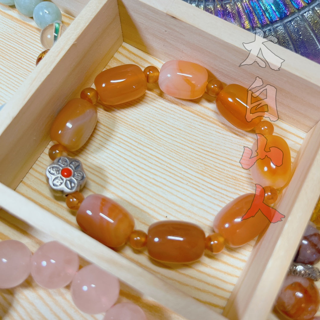 Natural Agate Barrel Bead Bracelet with Sterling Silver Mantra Charm (18mm)