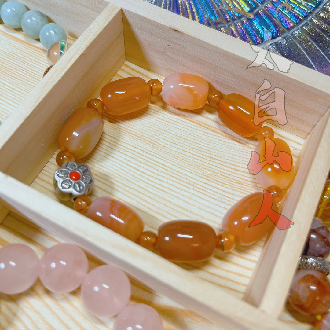 Natural Agate Barrel Bead Bracelet with Sterling Silver Mantra Charm (18mm)