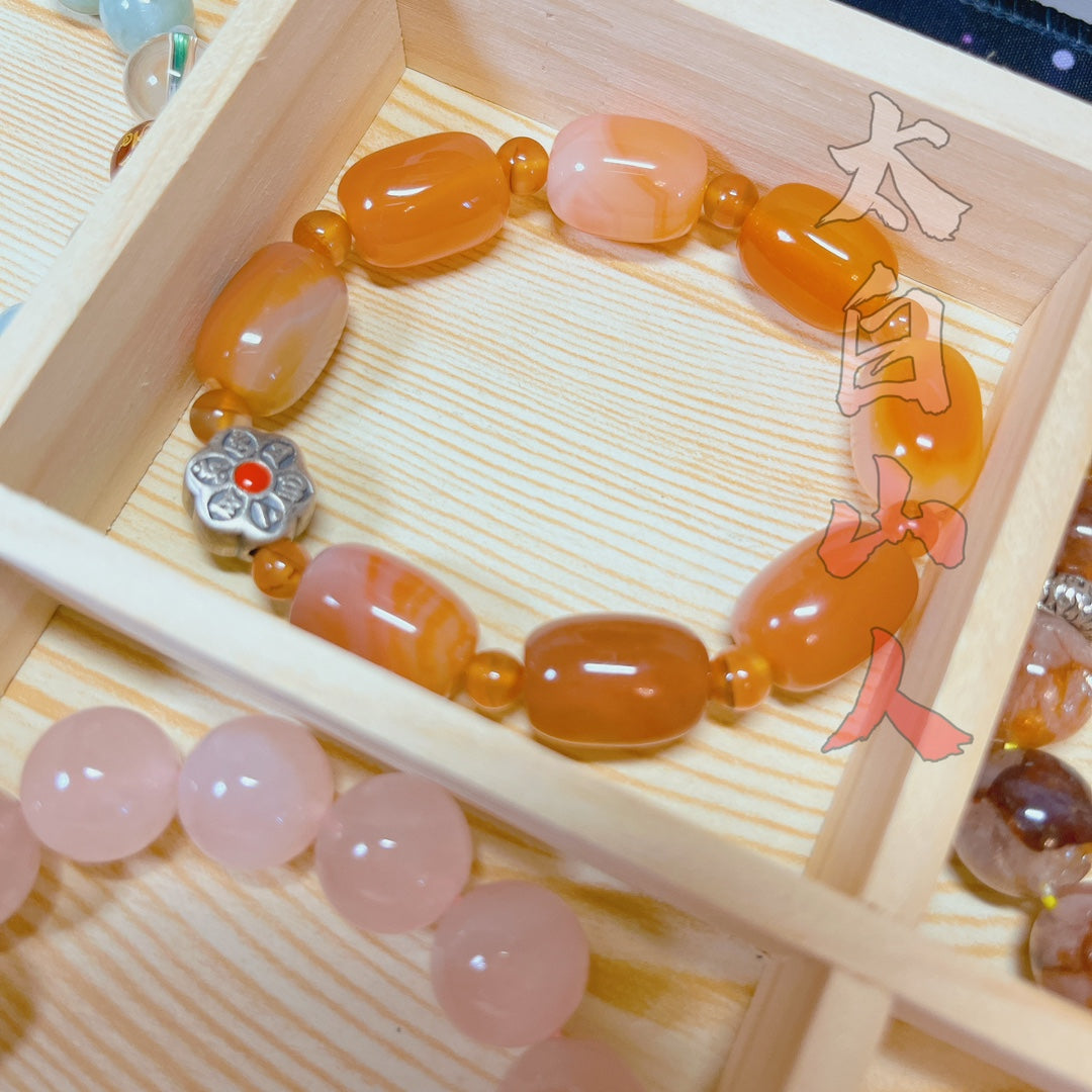 Natural Agate Barrel Bead Bracelet with Sterling Silver Mantra Charm (18mm)