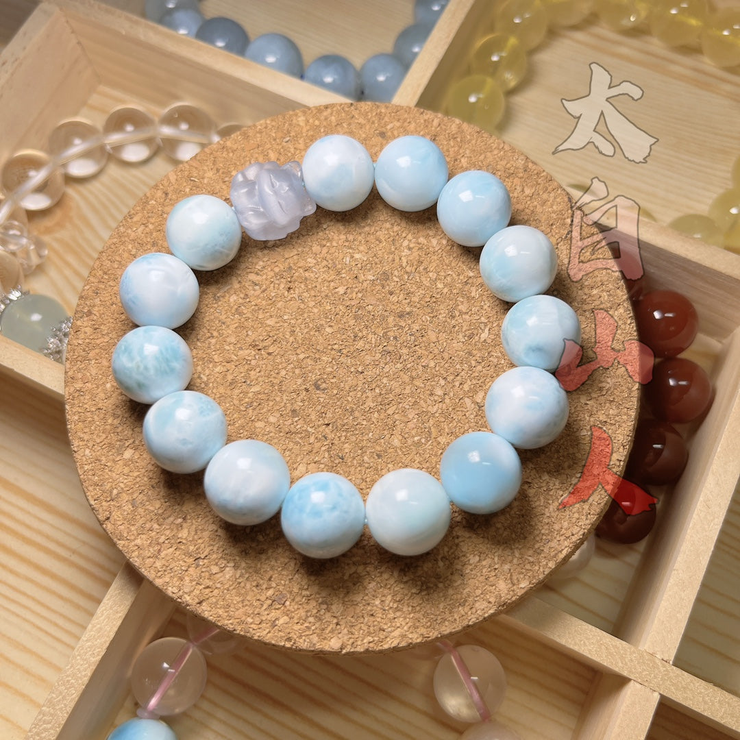 Natural Larimar Bracelet with Carved Blue Chalcedony Nine-Tailed Fox (13mm, OOAK)