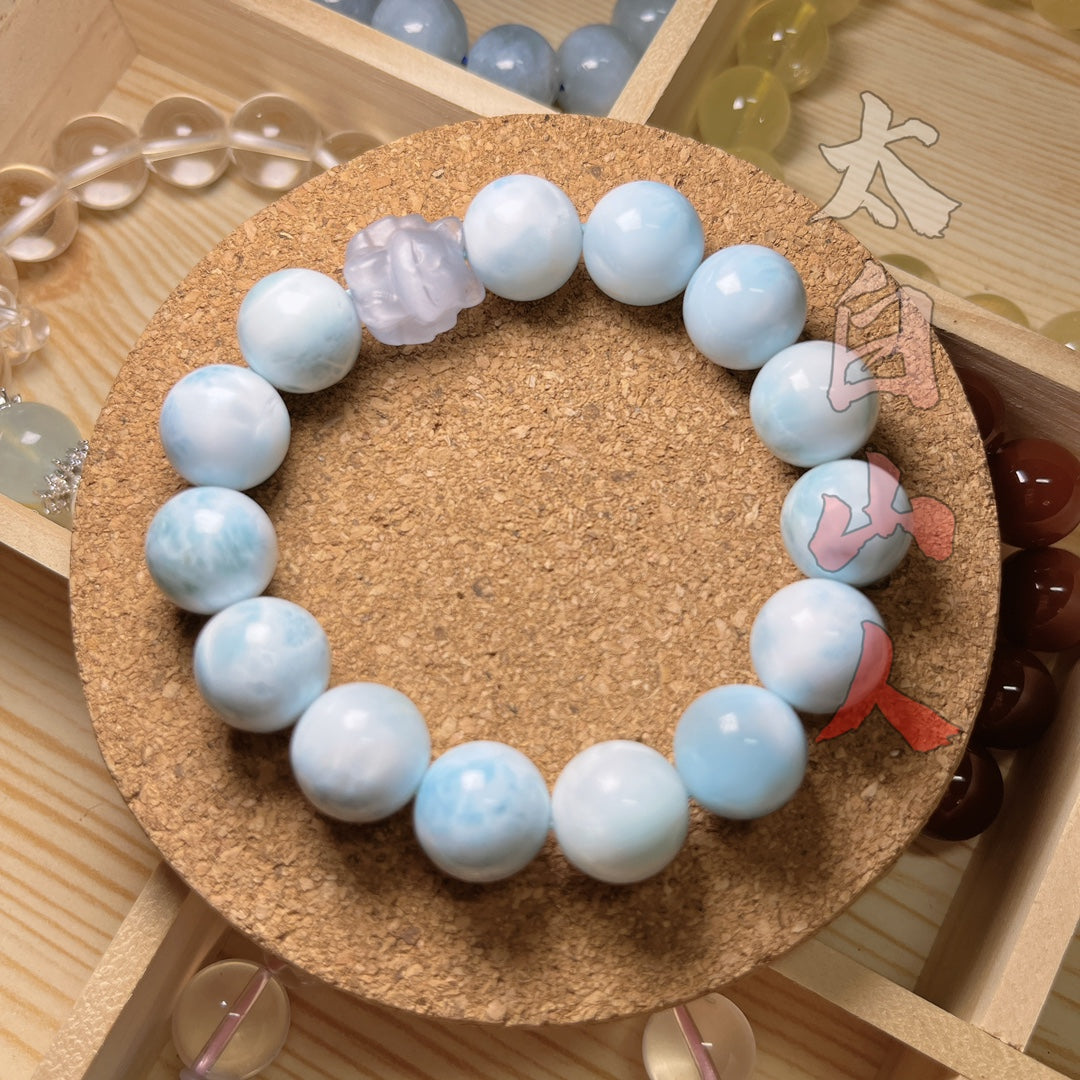 Natural Larimar Bracelet with Carved Blue Chalcedony Nine-Tailed Fox (13mm, OOAK)