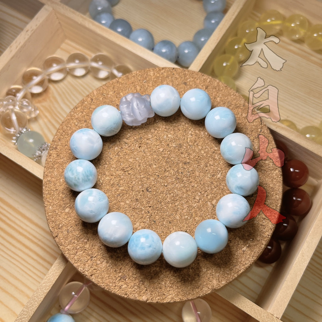 Natural Larimar Bracelet with Carved Blue Chalcedony Nine-Tailed Fox (13mm, OOAK)