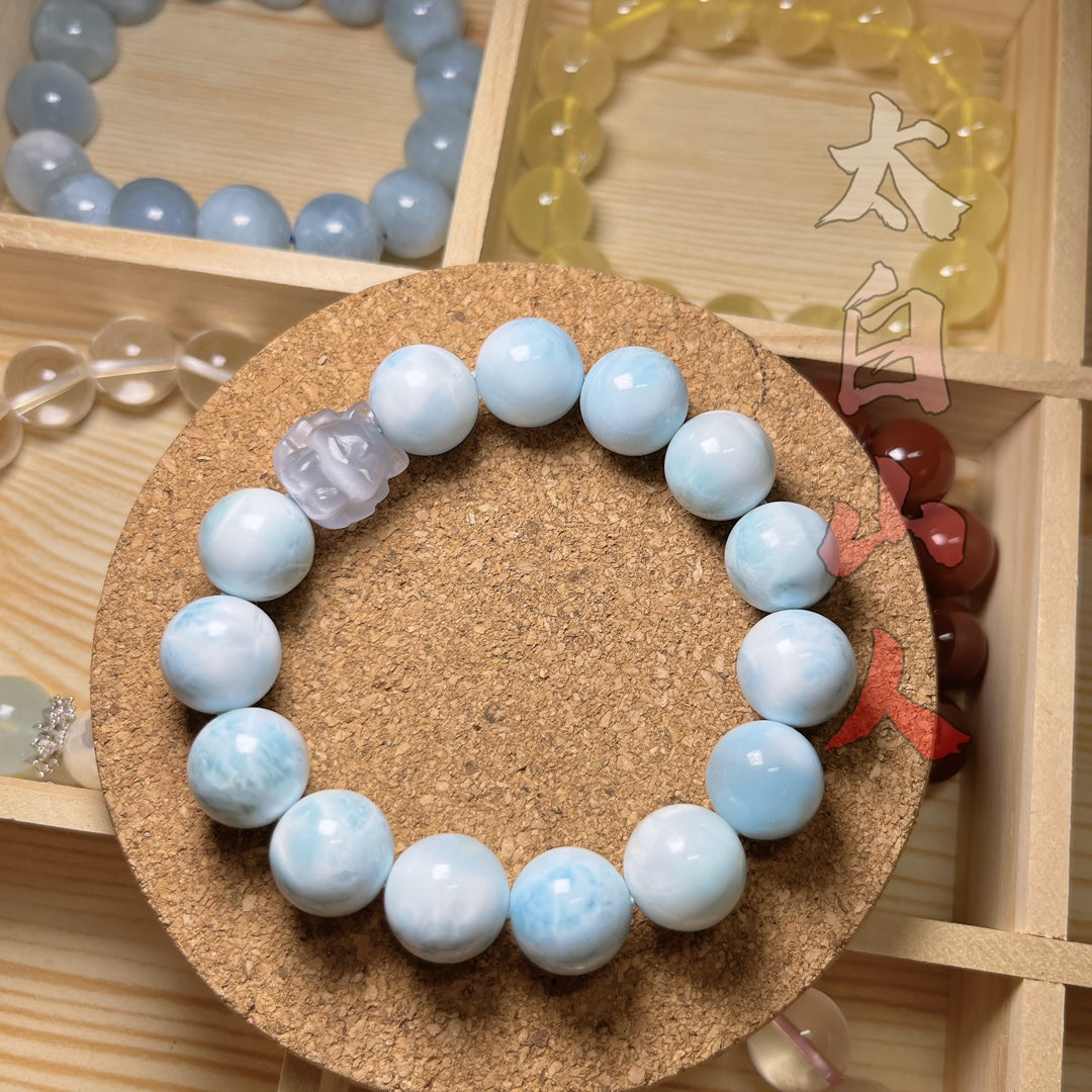 Natural Larimar Bracelet with Carved Blue Chalcedony Nine-Tailed Fox (13mm, OOAK)