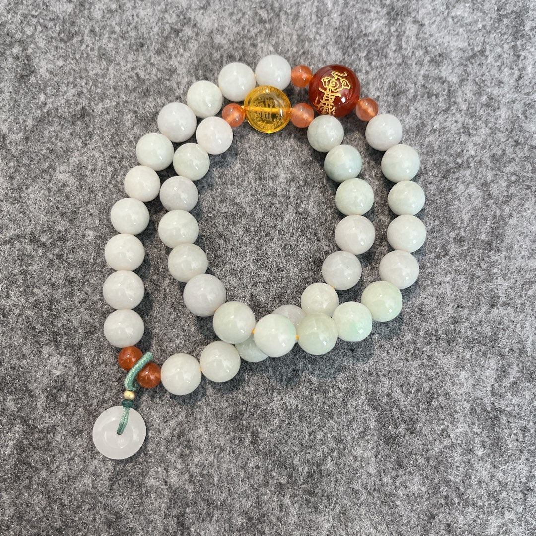 Grade-A Natural Jadeite Wrap Bracelet with Taoist Talisman & Donut Charm (10mm)