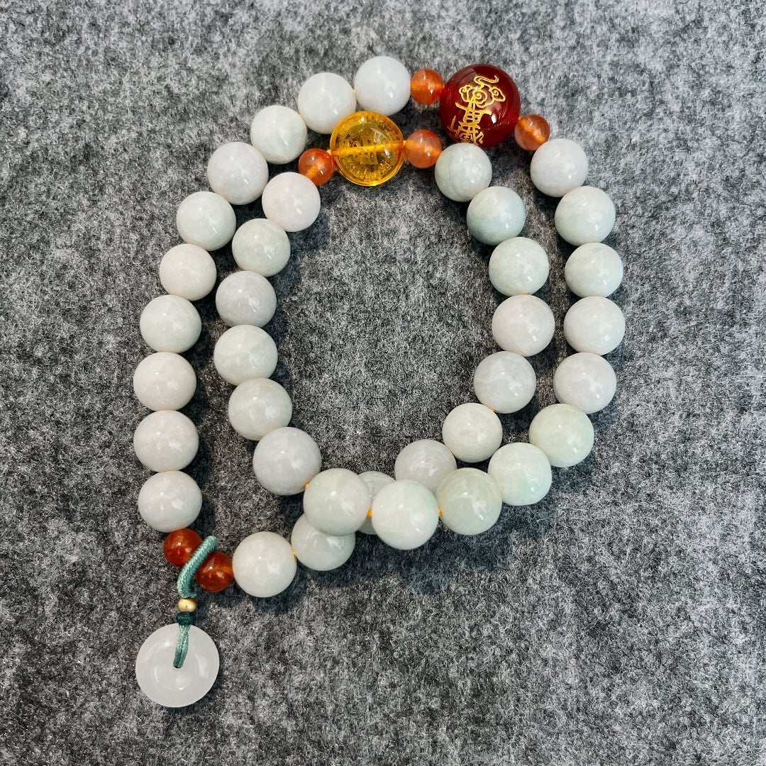 Grade-A Natural Jadeite Wrap Bracelet with Taoist Talisman & Donut Charm (10mm)