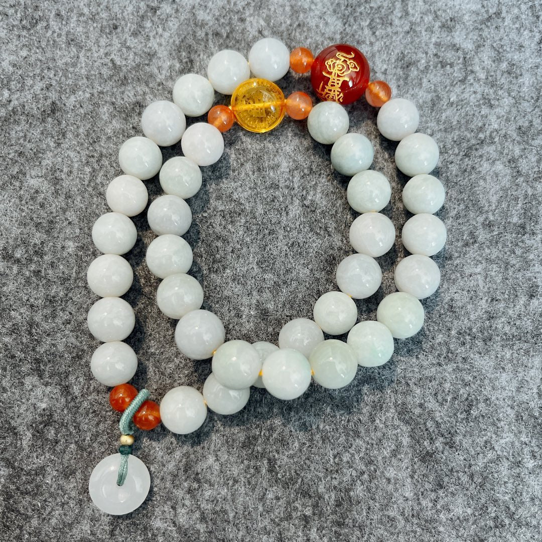 Grade-A Natural Jadeite Wrap Bracelet with Taoist Talisman & Donut Charm (10mm)