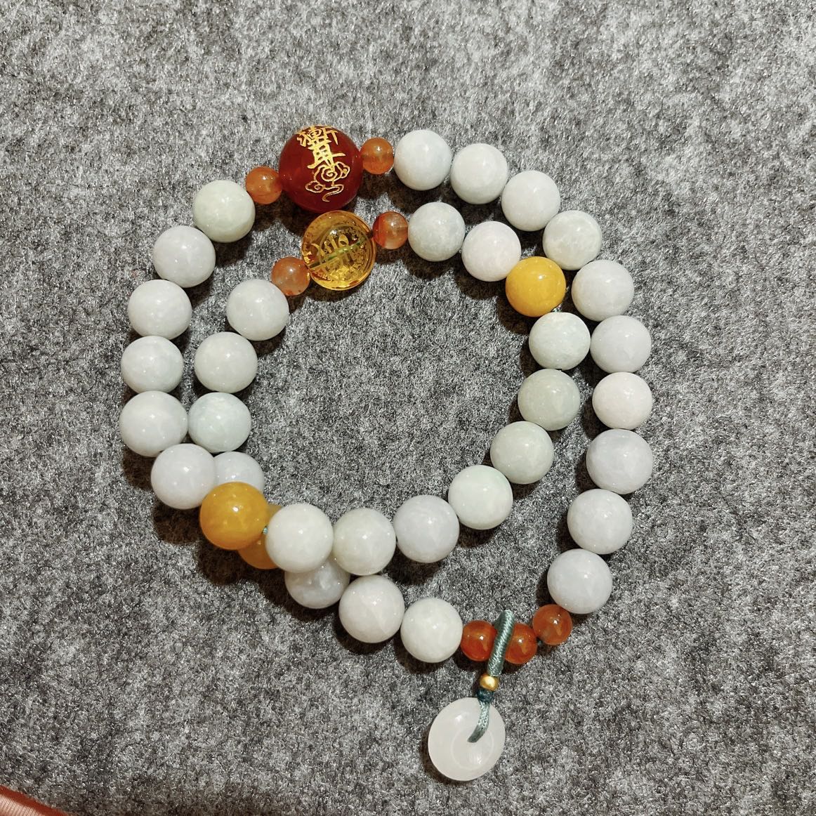 Grade-A Natural Jadeite Wrap Bracelet with Taoist Talisman & Donut Charm (10mm)