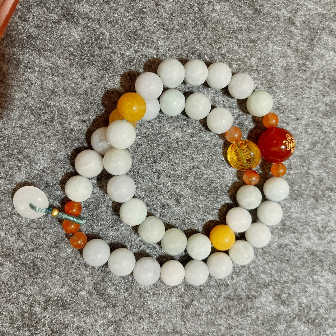 Grade-A Natural Jadeite Wrap Bracelet with Taoist Talisman & Donut Charm (10mm)