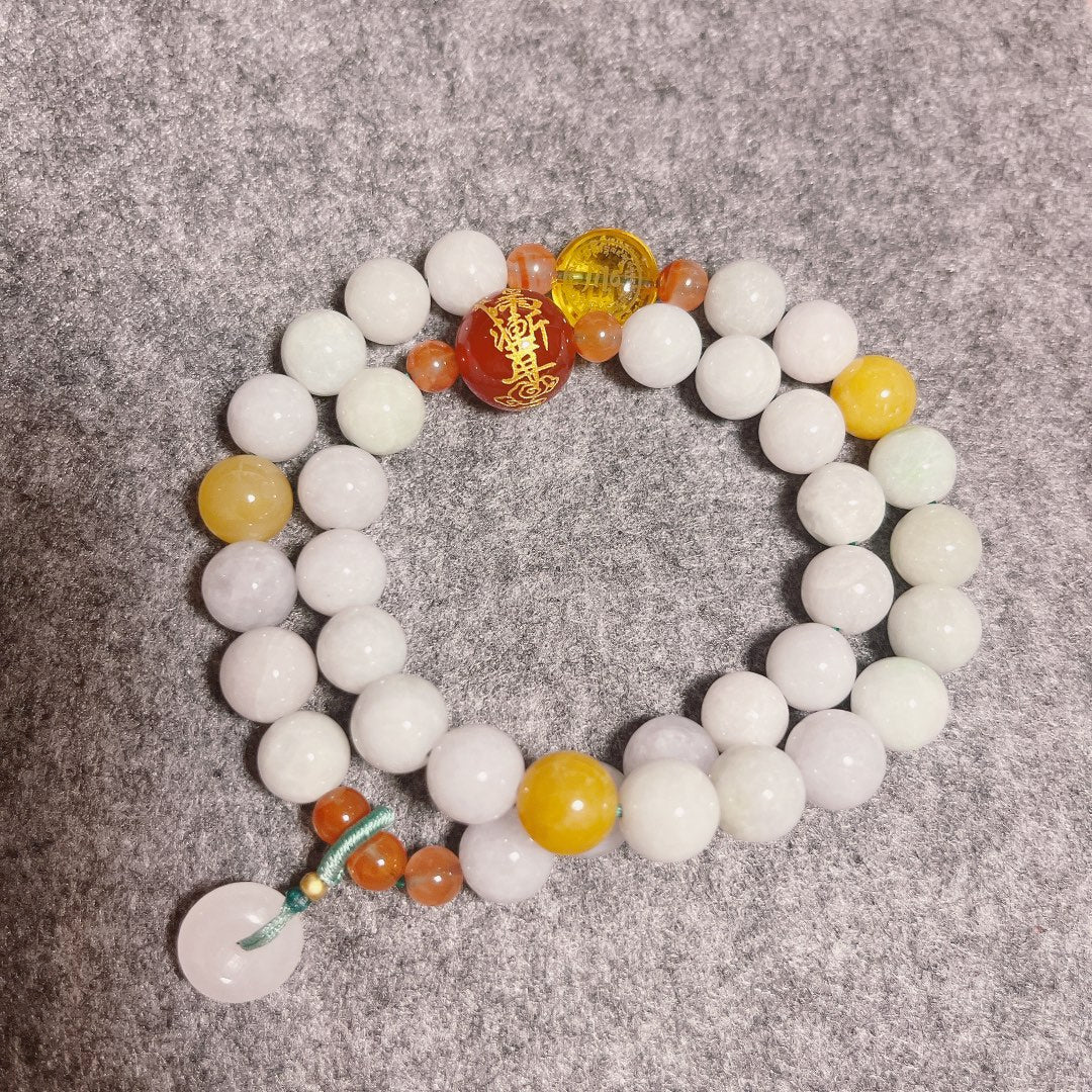 Grade-A Natural Jadeite Wrap Bracelet with Taoist Talisman & Donut Charm (10mm)
