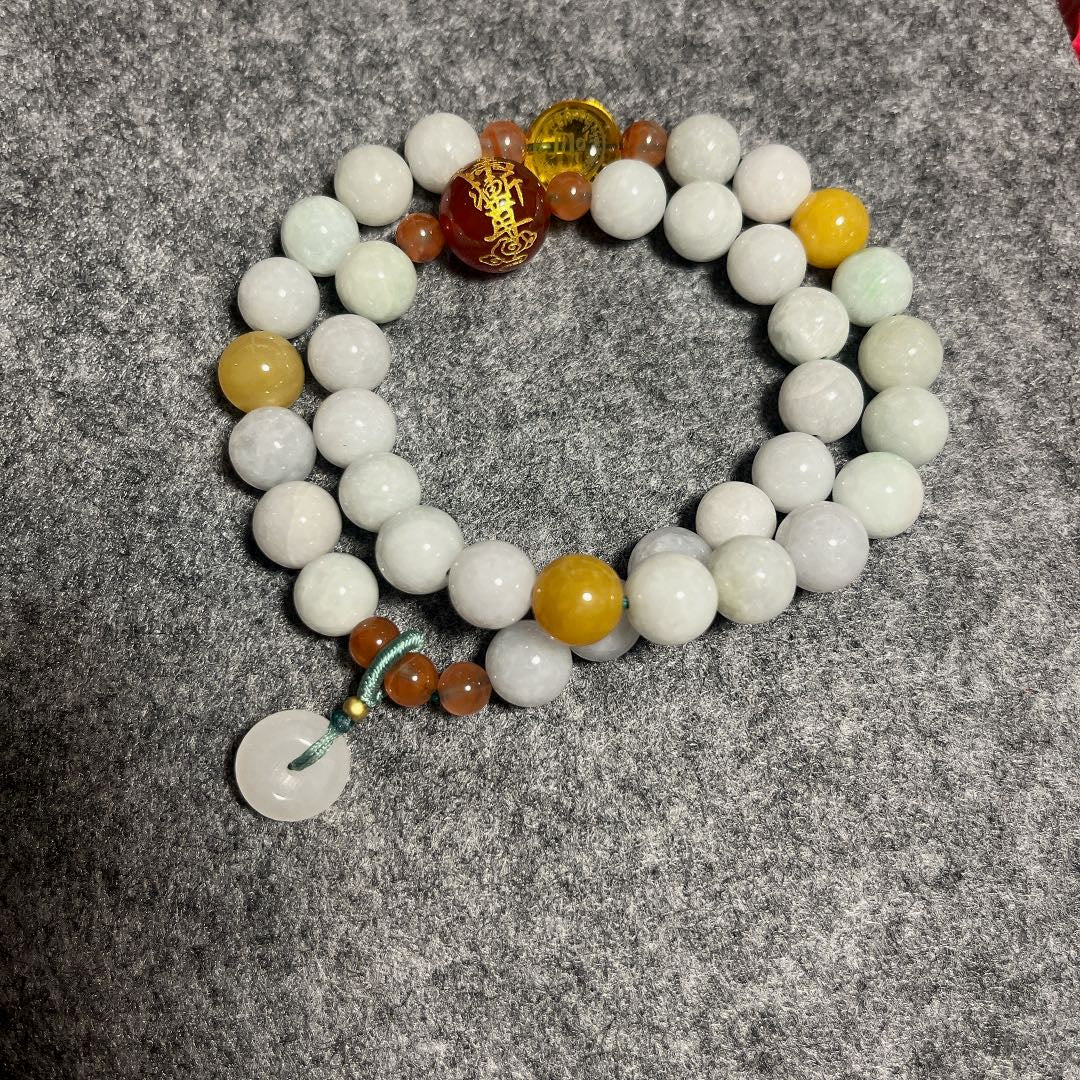 Grade-A Natural Jadeite Wrap Bracelet with Taoist Talisman & Donut Charm (10mm)